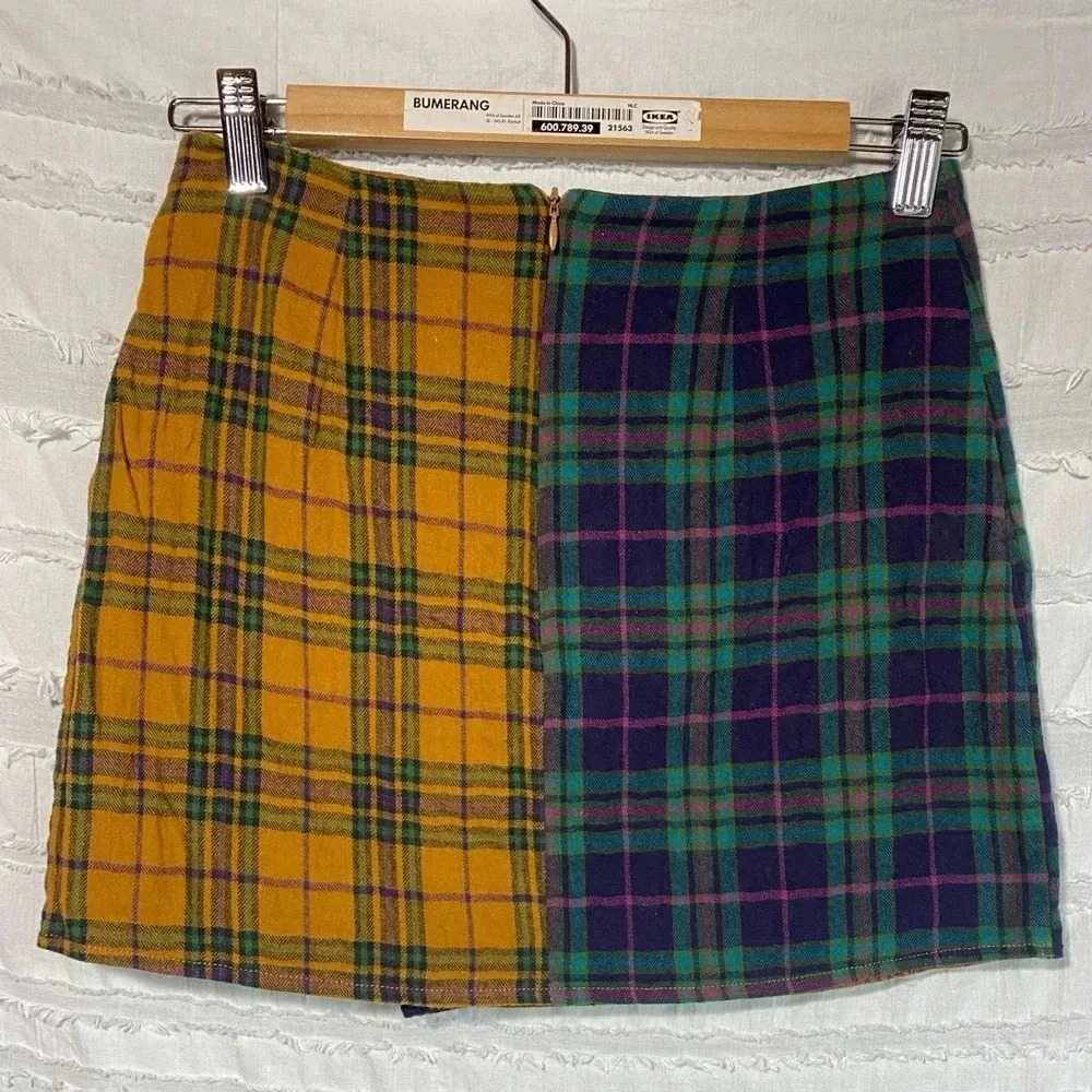 Cutest! Cotton pattern block mini Stitch & Pine faux wrap plaid skirt s fits xs - Picture 2 of 7